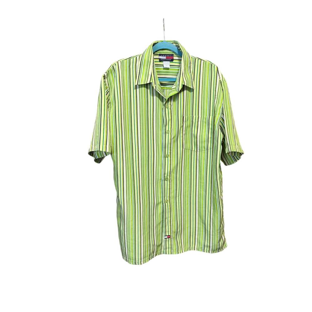 vintage tommy hilfiger oversized button front shirt green vertical stripes M